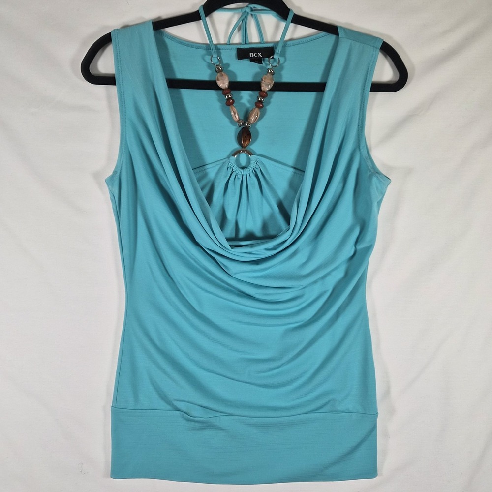 Y2K BCX Turquoise Cowl Neck Beaded Halter Tank Top Women's M Made in USA